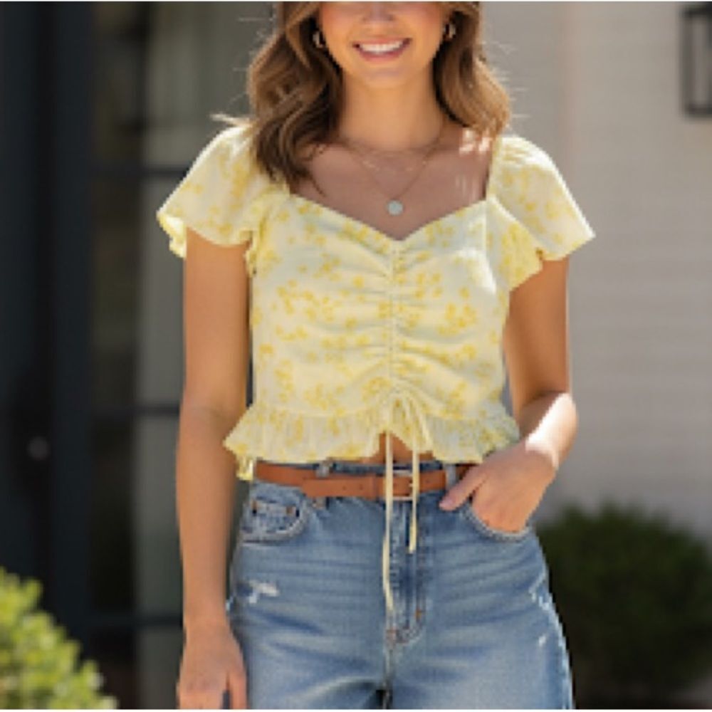 Abound Nordstrom Womens Floral Yellow Cap Sleeve Crop Top Size Small Cottagecore